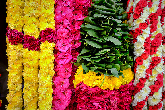 Floral offerings are provided for pilgrims visiting the temples in Kancheepuram.