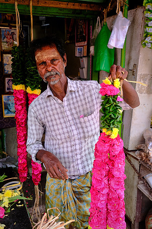Floral offerings are provided for pilgrims visiting the temples in Kancheepuram.