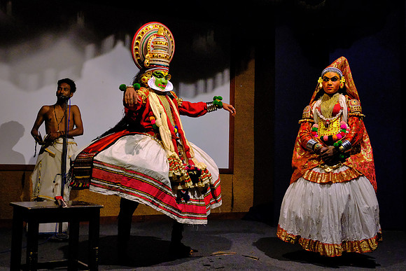 Kathakali is a form of classical Indian dance distinguished by elaborately colorful make-up, costumes, and face masks that the traditionally all-male actor-dancers wear.