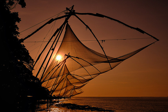 Chinese fishing nets at sunset, Kochi, India.
