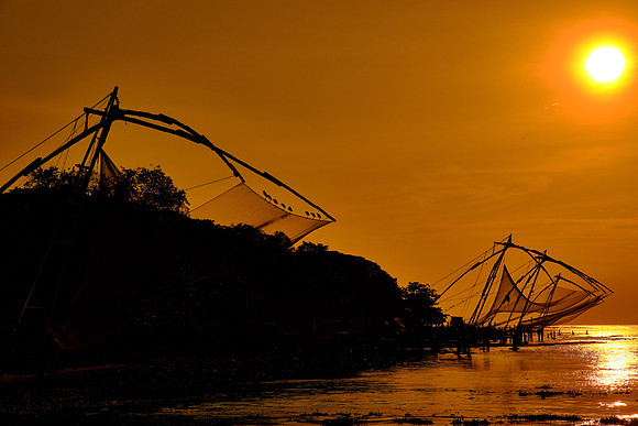 Chinese fishing nets at sunset, Kochi, India.