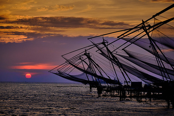 Chinese fishing nets at sunset, Kochi, India.