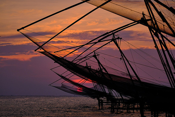 Chinese fishing nets at sunset, Kochi, India.