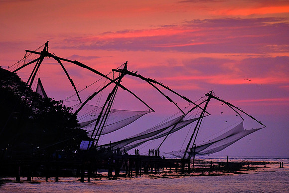 Chinese fishing nets at sunset, Kochi, India.
