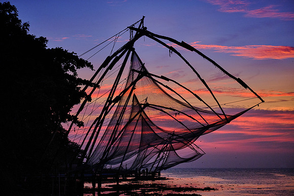 Chinese fishing nets at sunset, Kochi, India.