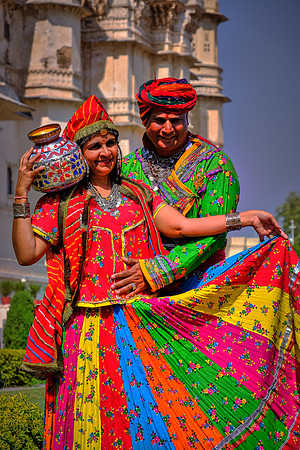 Local wedding in traditional garb, City Palace, Udaipur, Rajasthan, India.