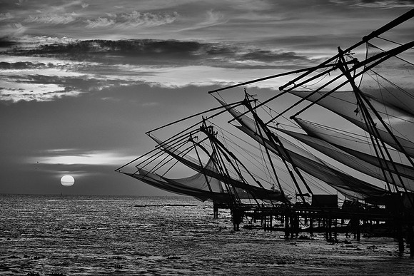 Chinese fishing nets at sunset, Kochi, India.