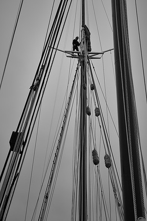 Deckhand Johana atop the foremast, Windjammer Angelique, Camden, Maine