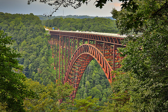 New River Gorge Bridge, WV: completed in 1977, longest steel span in western hemisphere, 876 ft high