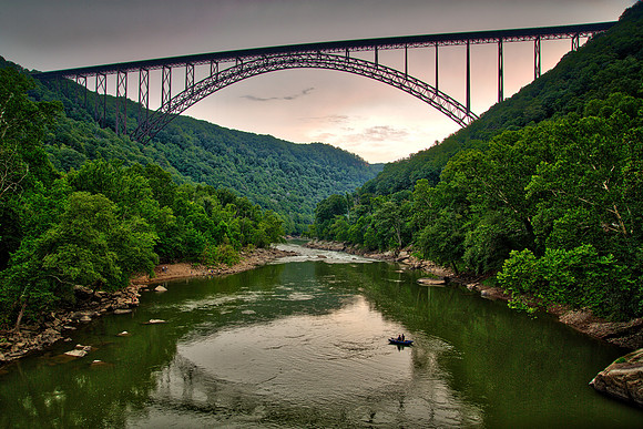 New River Gorge Bridge, WV: completed in 1977, longest steel span in western hemisphere, 876 ft high