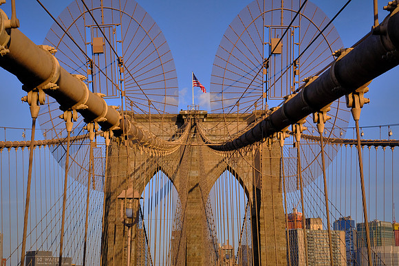 Across the Brooklyn Bridge and the East River at sunset, New York City