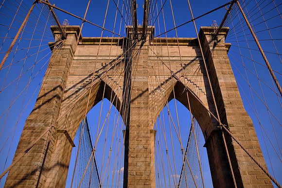 Across the Brooklyn Bridge and the East River at sunset, New York City
