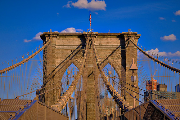 Across the Brooklyn Bridge and the East River at sunset, New York City