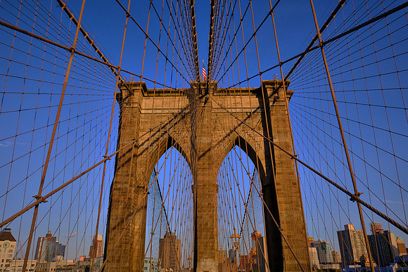 Across the Brooklyn Bridge and the East River at sunset, New York City