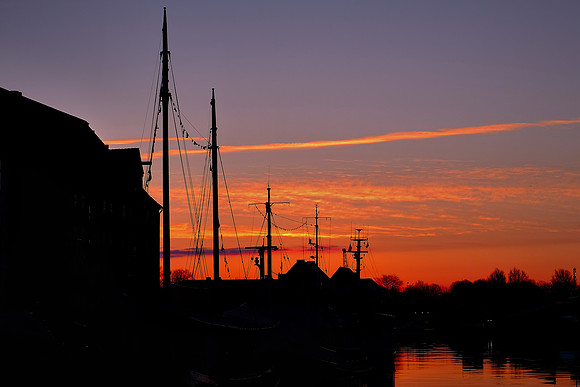Sunrise over Nyhavn canal, Copenhagen, Denmark