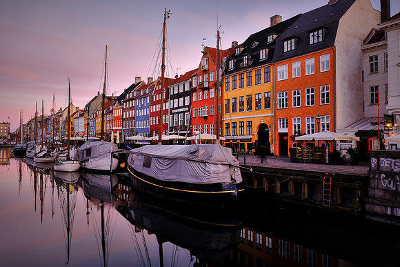 Sunrise over Nyhavn canal, Copenhagen, Denmark