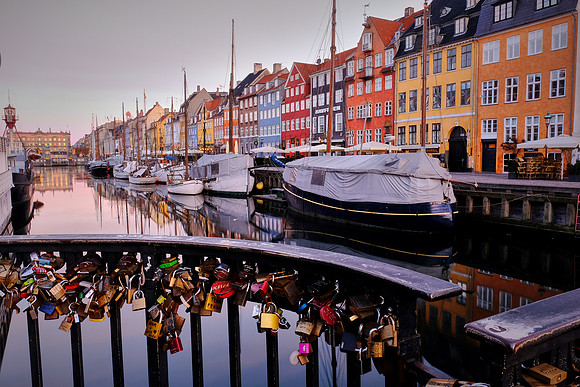 Sunrise over Nyhavn canal, Copenhagen, Denmark