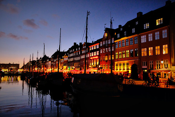 Sunset on the Nyhavn canal, Copenhagen, Denmark