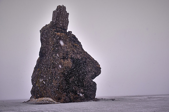 South shore sea stacks in snow storm, Vik, Iceland
