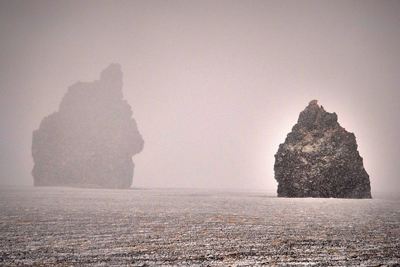 South shore sea stacks in snow storm, Vik, Iceland