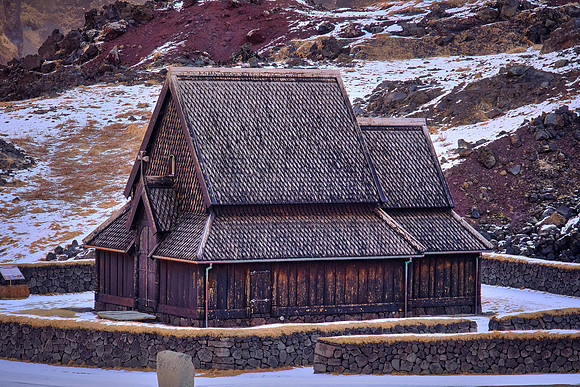 Replica of Viking Age Norwegian Haltdalen stave church built around 1170 in Heimaey, Westman Islands, Iceland