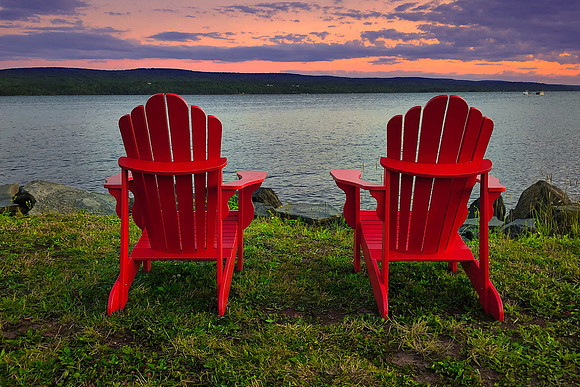 Two Red Chairs With A View at sunset, Bras d'Or Lake, Baddeck, Cabot Trail, Cape Breton Island, Nova Scotia