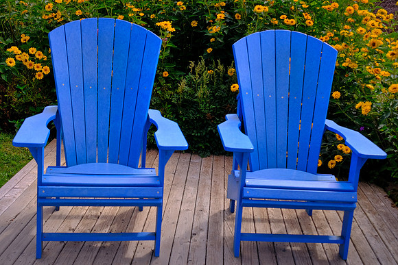 Two Not-Red Chairs at the Gardens at The Preserve Company, New Glasgow, Prince Edward Island
