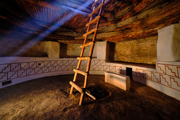 Inside a reconstructed kiva: a room used by Puebloans for religious rituals and political meetings.