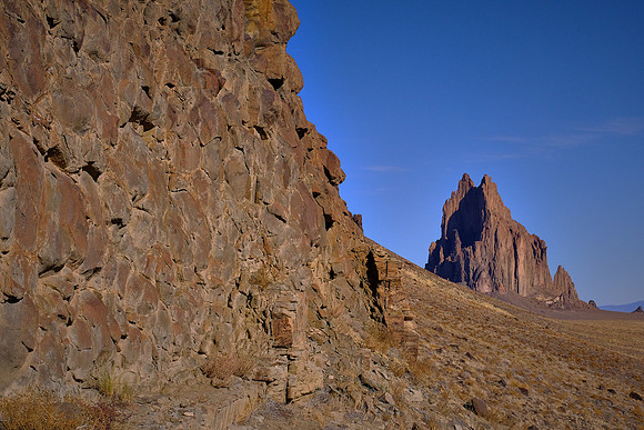 Wall-like dikes radiate away from the central formation. These volcanic rocks solidified 27 million years ago.