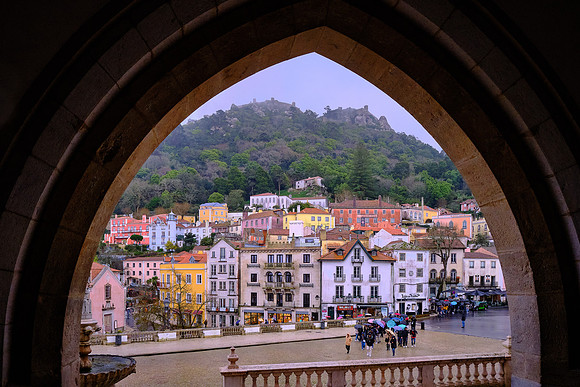 The Castle of the Moors, built in the 8th century, can be seen atop the hill from the Palace of Sintra.