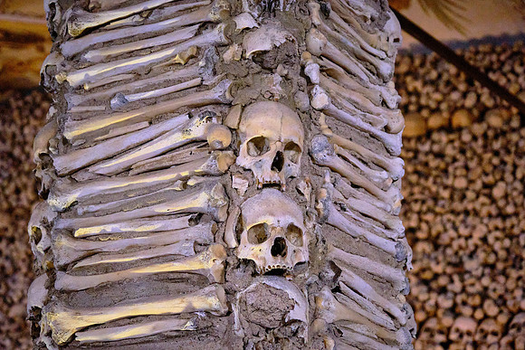 The Chapel of Bones is covered with human skulls and bones.