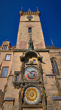 The astronomical clock is attached to the Old Town Hall in Prague.  The mechanical clock and astronomical dial date back to 1410.