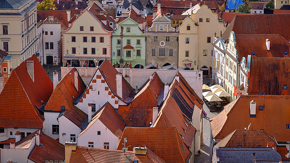 The center of Old Town is formed by Svornosti Square, shown here, and the town hall from 1597.