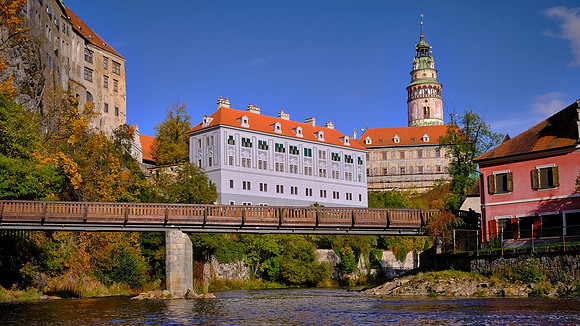 The Český Krumlov Castle and tower from a raft on the Vltava River