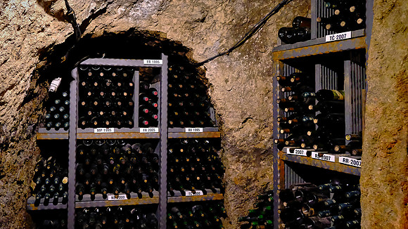 The wine cellar holds 2,000 bottles—and the owner holds another 20,000 bottles nearby.