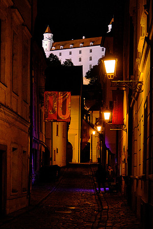 The Bratislava Castle at night was constructed during the mid-13th century.