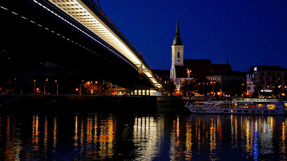 St. Martin’s Cathedral on the Danube River and the UFO bridge.