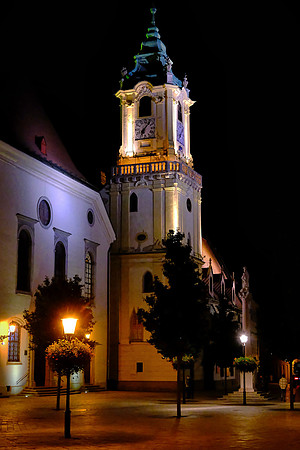 Bratislava church in main square at night.