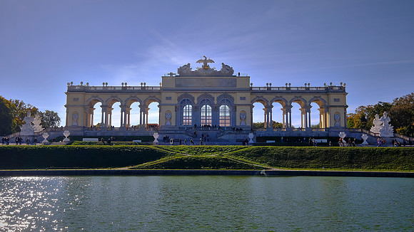 The garden axis points towards a 200 ft. hill that was crowned is 1775 by the Gloriette structure.