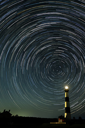 Star trails over Bodie Island Light Station, Outer Banks, North Carolina.