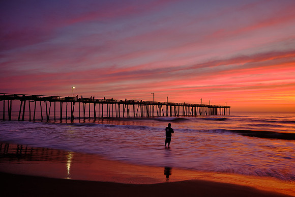 Sunrise over the Atlantic Ocean and Nags Head Fishing Pier, NC