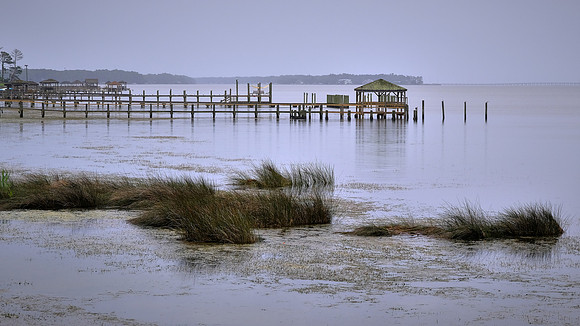 Duck Waterfront Boardwalk in the rain, Duck, North Carolina