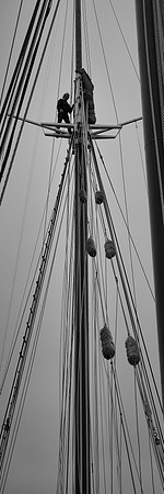 Deckhand Johana atop the foremast, Windjammer Angelique, Camden, Maine
