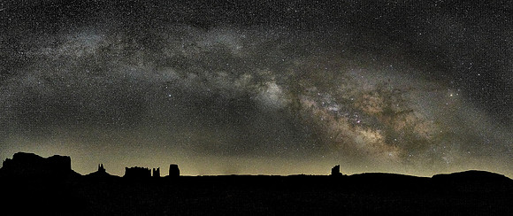The Milky Way arch at Monument Valley, UT.  From left to rgiht are: Brigham's Tomb, King On His Throne, Stagecoach, The Bear and Rabbit, Castle Butte, Big Chief, and Sentinel Mesa.