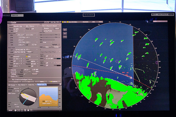 Onboard radar identifies icebergs and pack ice.