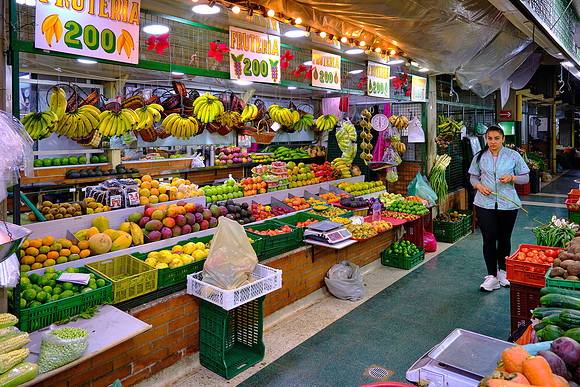 There are dozens of fruit, vegetable, meat, fish, and trinket markets in Bogotá.