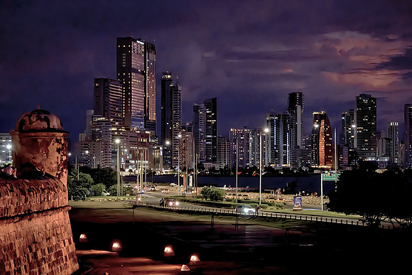 New and old Cartagena after dark.