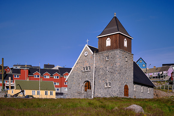 The town church was constructed in 1934 using squared blocks of granite  cut on site.
