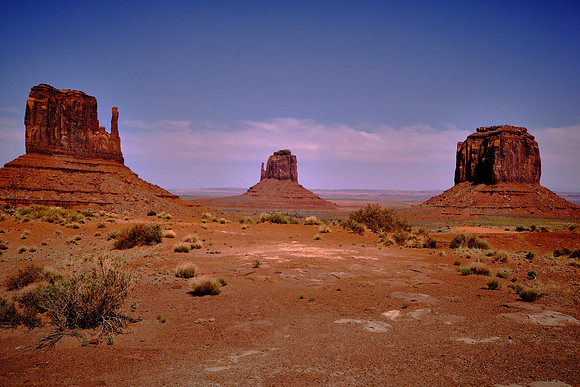 Monument Valley Navajo Tribal Park, UT, West Mitten Butte, East Mitten Butte, and Merrick Butte.
