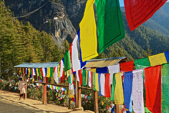 Prayer flags at Taktzang Monastery - "Tiger's Nest" - built in 1692 at 10,000 feet